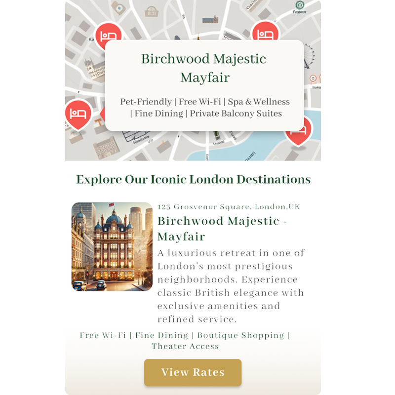 Interactive Location Map – Explore London’s neighborhoods with an interactive map, complete with clickable hotel pins for easy navigation and discovery.