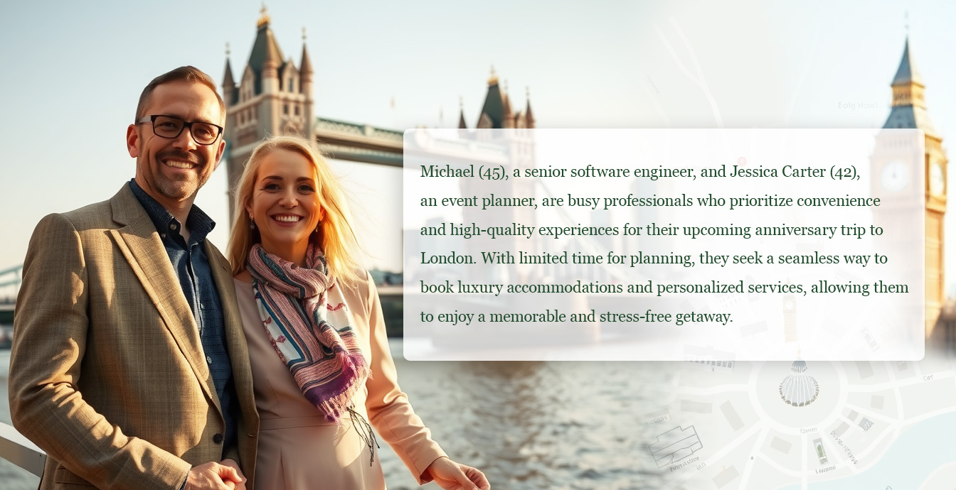 Michael and Jessica Carter are a warm, adventurous couple who have shared a love for travel and exploring new places throughout their years together. Michael, thoughtful and charismatic, often takes the lead in planning trips and surprises, while Jessica, creative and full of enthusiasm, brings a lively energy and a knack for capturing memorable moments. Celebrating their 20th anniversary, they’re revisiting London, a city they love for its mix of history and charm, enjoying the scenery and each other’s company with a deep sense of connection and shared memories.