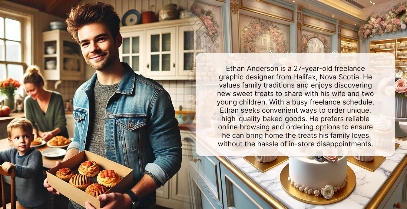 Ethan, a 27-year-old freelance graphic designer, enjoys discovering new treats to share with his wife and two young children. With a busy schedule, he seeks a dependable online ordering system for fresh baked goods, making it easy to uphold family traditions.