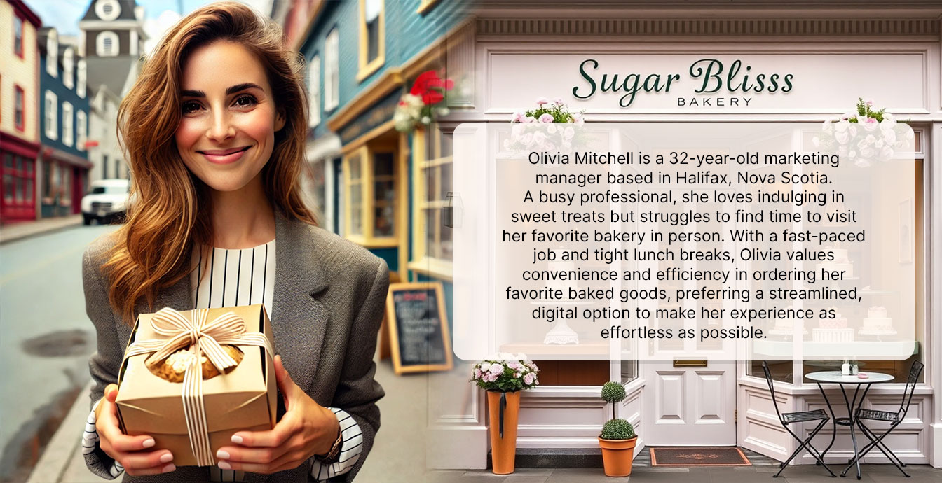 A 32-year-old marketing manager in Halifax, Olivia loves indulging in sweet treats but struggles to find the time. She values convenience and efficiency, looking for a quick and reliable online ordering option to enjoy her favorite bakery items without disrupting her busy day.
