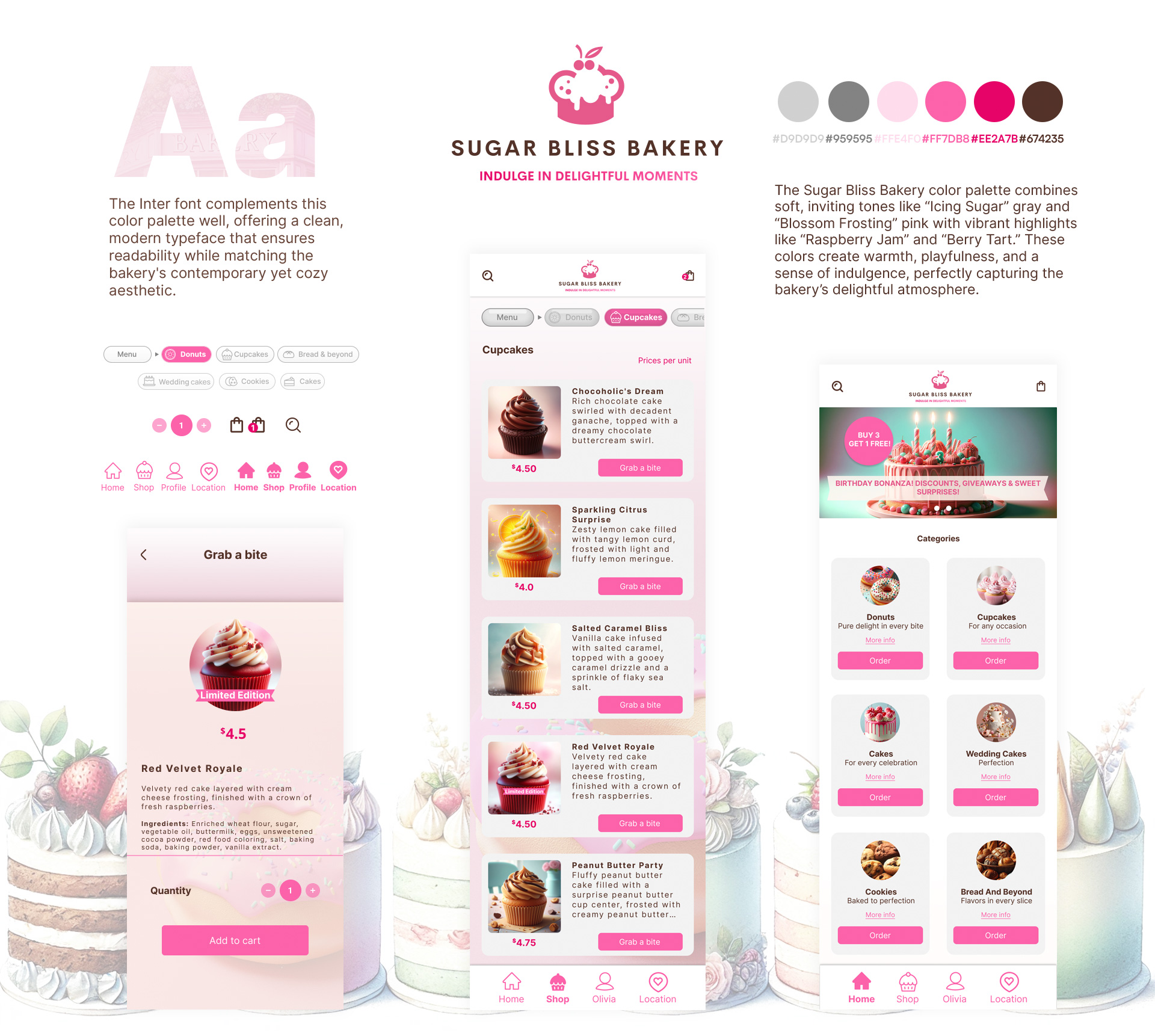 The visual design for Sugar Bliss Bakery uses a carefully chosen color palette that captures the warmth and charm of the bakery’s brand. Each color has been thoughtfully selected to enhance user experience and reinforce the inviting, artisanal quality of Sugar Bliss.